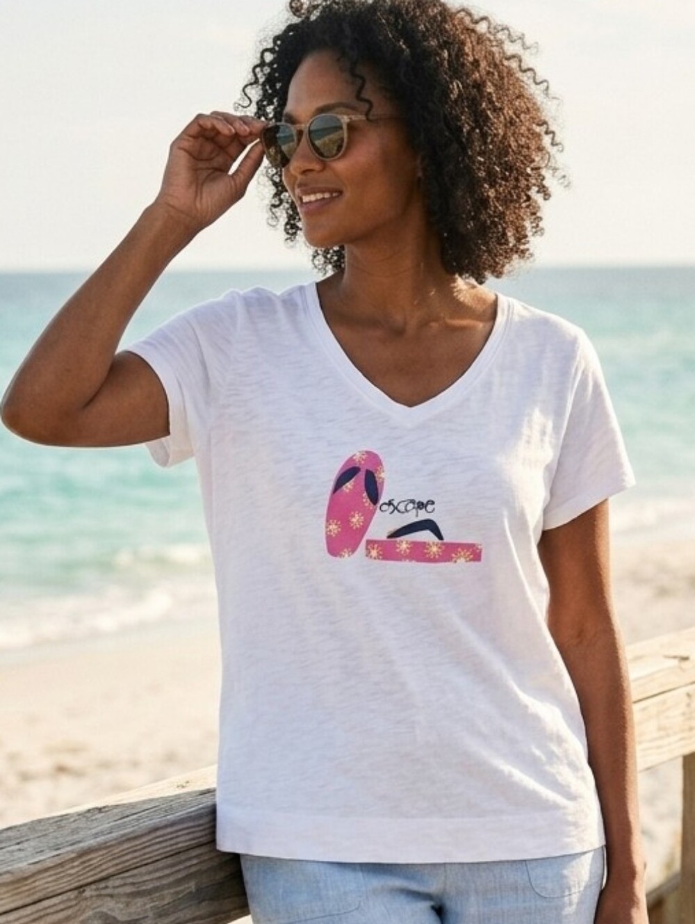 Escape by Habitat | White Slub Cotton V-Neck Tee - Flip Flops Graphic - XXL